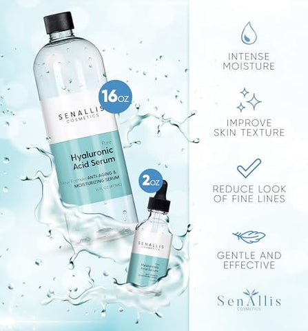 SenAllis Cosmetics - Soro de Ácido Hialurônico 473 ml e 59 ml, Puro Anti-Envelhecimento/Redutor de Rugas, Hidratante Ultra Hidratante que Reduz a Pele Seca, Fabricado nos EUA