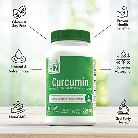 Health Thru Nutrition - Saúde Através da Nutrição Curcumin 650mg BCM-95 Curcugreen | Complexo de Cúrcuma Curcumin | Alta Absorção | Resposta Saudável à Inflamação | Estudo Clínico | Testado por Terceiros | 60 Cápsulas