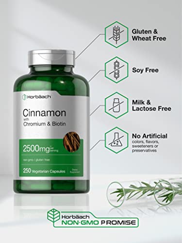 Horbäach - Canela com Picolinato de Cromo 2500mg | 250 Cápsulas | com Biotina | Vegetariano, Não-OGM, Sem Glúten | Horbaach