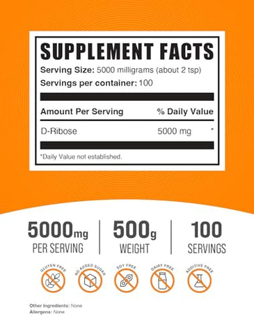 com D-Ribose em Pó – Suplemento de D-Ribose, 5000mg de Ribose, para Suporte Energético – Sem Sabor - BulkSupplements