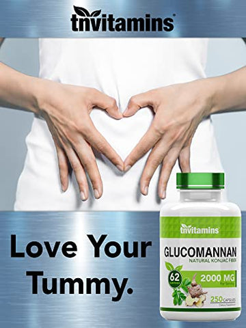 tnvitamins - Glucomannan Capsules 2000 MG – 250 Unidades | Extrato Natural de Raiz de Konjac em Pó | Fibra Solúvel | Suplemento de Fibra Alimentar