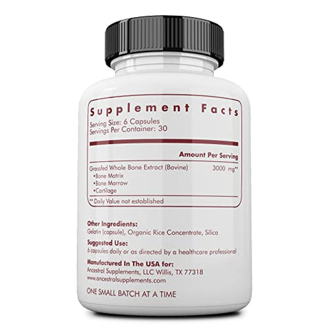 Suplemento de Osso e Medula de Gado Alimentado com Capim, 3000mg, Suporte para Pele, Saúde Oral e Articular, Promove Bem-Estar Geral, Não OGM, Osso Inteiro em Gramas - Ancestral Supplements