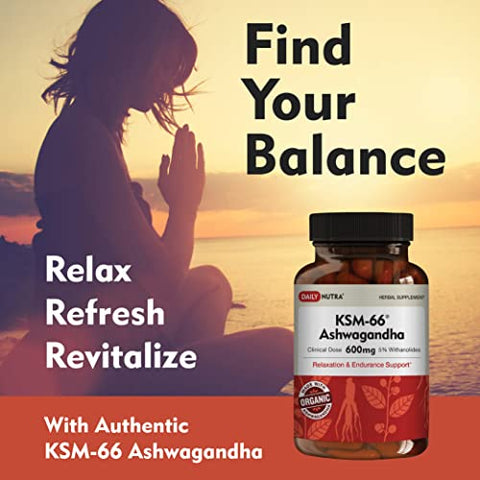 DailyNutra - KSM-66 Ashwagandha 600mg Extrato de Raiz Orgânica – Suplemento de Alta Potência com 5%% Withanolides | Suporta Relaxamento, Foco | Marca KSM-66