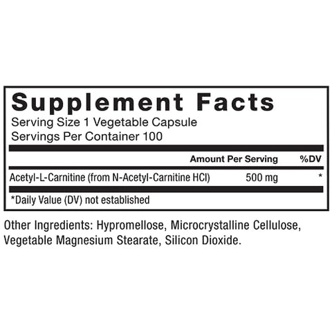 Acetyl L-Carnitine – Suplemento Cérebro, Suporte Nervoso e Energia Celular – 500mg, Qualidade Premium, Vegano, Não-OGM, 100 Cápsulas Vegetais - Force Factor