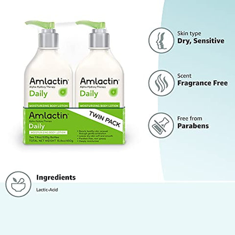 Loção Hidratante Diária para Pele Seca – Frascos de 7,9 oz (Pacote Duplo) – Esfoliante-Loção Corporal 2 em 1 com 12% de Ácido Lático, Recomendado por Dermatologistas (Embalagem Pode Variar) - AmLactin