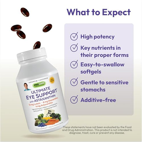 Ultimate Eye Support com Astaxantina 180 Softgels – 12mg Luteína, 6mg Zeaxantina, 4mg Astaxantina, Mirtilo, Nutrientes Essenciais para a Saúde Ocular - ANDREW LESSMAN