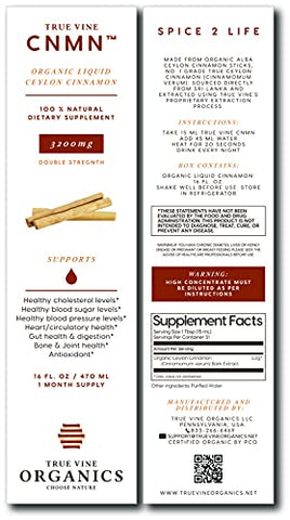True Vine Organics - True Vine 3200mg Canela Ceylon Líquida (Fabricado nos EUA) para Coração Saudável, Pressão Arterial, Açúcar, Colesterol, Intestino – Marca True Vine