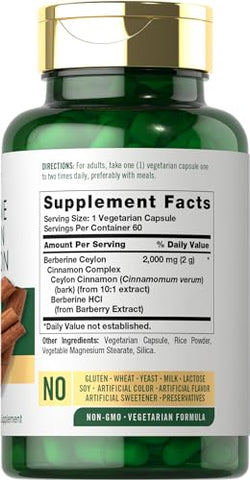 Berberine com Canela do Ceilão | Complexo de 2000mg | 60 Cápsulas | Vegetariano, Não-OGM, Sem Glúten - Carlyle