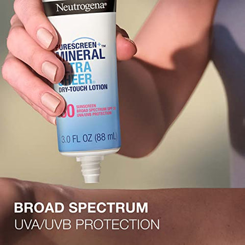 Protetor Solar Neutrogena Mineral UltraSheer Dry-Touch FPS 30, Resistente à Água, Proteção UVA/UVB de Amplo Espectro, Nutrição da Pele, Leve com Vitamina E, Livre de Oxybenzone, 50g