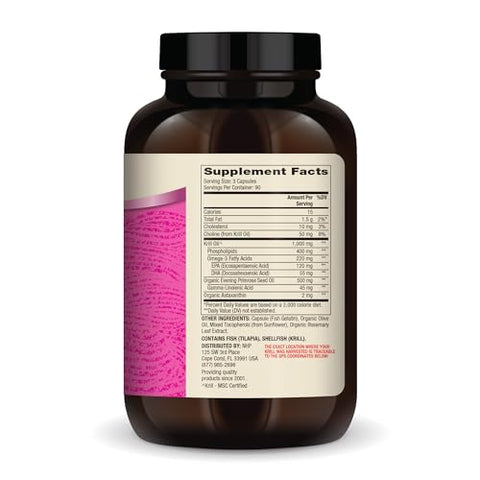 Óleo de Krill Dr. Mercola para Mulheres, 90 Porções (270 Cápsulas), 2 mg de Astaxantina por Porção, com Óleo de Prímula, Suplemento Alimentar, Suporte Hormonal, Não-OGM, Certificado MSC