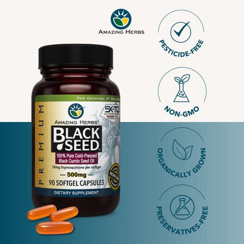 Óleo de Semente de Cominho Preto Premium Amazing Herbs – Cápsulas prensadas a frio de Nigella Sativa auxiliam na saúde digestiva, suporte imunológico, função cerebral – Livre de glúten, não transgênico – 90 cápsulas, 500mg