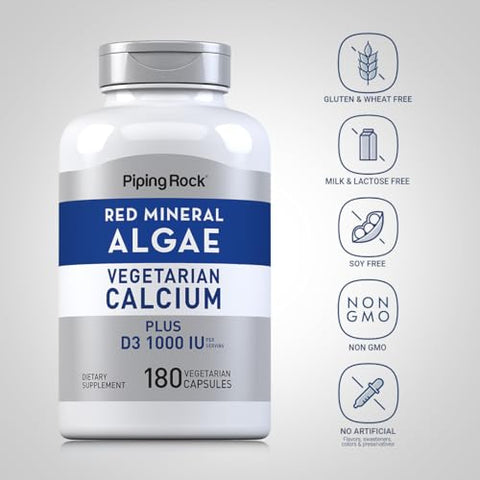 Alga Mineral Vermelha | Cálcio Vegetariano | 180 Cápsulas | Base Vegetal + Minerais Traços | D3 1000 UI | Suplemento Sem OGM e Glúten - Piping Rock
