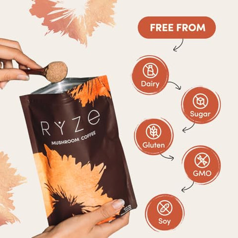 RYZE SUPERFOODS - RYZE Café de Cogumelo | 6 Cogumelos Adaptogênicos | Café Instantâneo | Melhor Energia, Foco, Digestão, Imunidade | Cultivado Organicamente nos EUA | Cordyceps, Cabeça de Leão, Shiitake, Reishi | 100% Natural