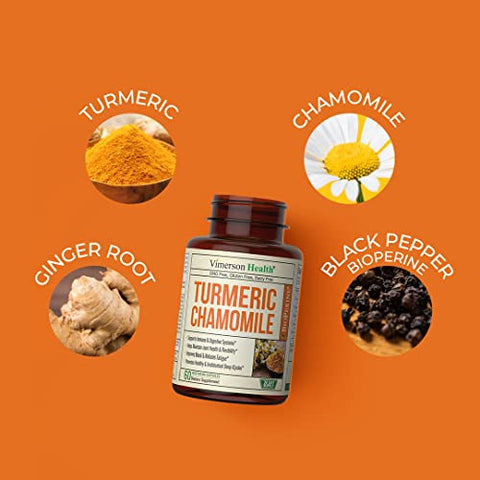 Vimerson Health - Cápsulas de Camomila para Dormir – Suplemento Orgânico de Camomila e Cúrcuma para o Sono com Extrato de Camomila das Flores de Camomila (Manzanilla) – Suplemento de Camomila para Articulações