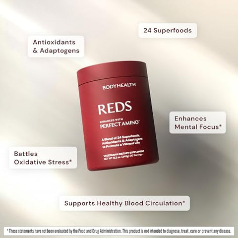 Perfect Reds (30 SVG) Pó de Frutas Vermelhas Superfood para Bebida Antioxidante, Mistura em Pó para Smoothies com Frutas, Vegetais, Superfoods, Fitonutrientes, Fibra e - BodyHealth