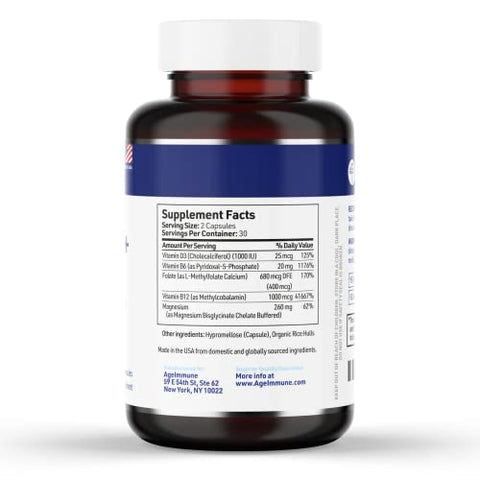 AgeImmune - Vitamina B Complexo – 60 Cápsulas com Vitaminas B6 20mg D3 1000UI Magnésio Bisglicinato 260mg Metil B12 1000mcg e Folato como Metilfolato 600mcg DFE. Fórmula Médica MTHFR