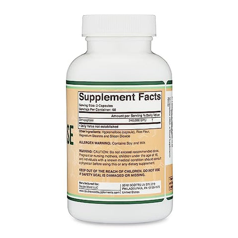 Double Wood Supplements - Serrapeptase 240,000 SPU Max Potency – Cápsulas Vegetais (120) Enzima Proteolítica para Saúde Sinusal, Respiratória e Articular – Double Wood