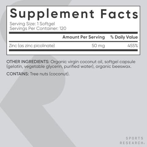Zinco Picolinato 50mg com Óleo de Coco Orgânico | Suplemento de Zinco Altamente Absorvível para uma Imunidade Saudável - Sports Research