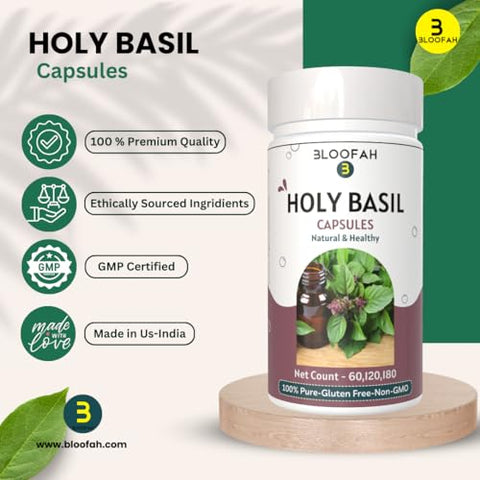 Bloofah - Cápsulas de Manjericão Sagrado 5000mg – 180 Unidades | Extrato em Pó de Folha de Manjericão Sagrado (Ocimum tenuiflorum) 10:1 | Suplemento Herbal Puro 100% | Fórmula Livre de Transgênicos e Glúten