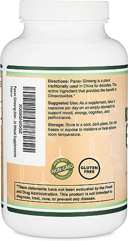 Double Wood Supplements - Cápsulas de Ginseng (Extrato de Ginseng Vermelho Coreano, Panax Ginseng 10%% Ginsenosides) (Fornecimento de 4 Meses) 240 Cápsulas Veganas – 1.000mg por Porção para Humor, Função Cognitiva e Energia