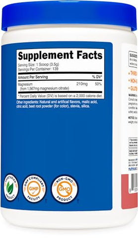 Magnesium Citrate Powder (Framboesa Limonada, 500g) – Pó de Citrato de Magnésio para Saúde e Bem-Estar - Nutricost