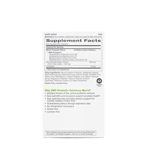 Probiotic Solutions Men’s | Estudo Clínico Multi-Cepas para Homens, Suporte à Saúde Digestiva e Imunológica, Vegetariano | 30 Cápsulas - GNC