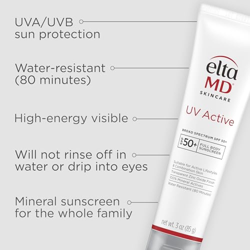 EltaMD Protetor Solar Mineral Ativo com Óxido de Zinco, FPS 50, Resistente à Água por até 80 Minutos, Tubo de 3.0 oz (85g)