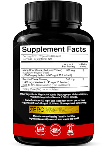 X Gold Health - Cápsulas de Raiz de Maca 10.000mg Ginseng Coreano Panax 1.400mg – Extrato Concentrado 20x Maca Preta Vermelha Amarela, Cápsulas de Extrato Concentrado 10x Ginseng Panax – Ultra