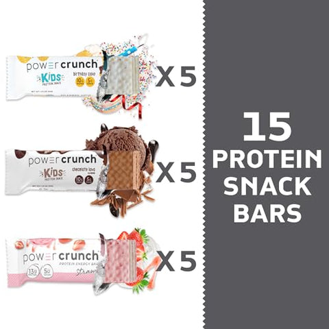 Barras de Wafer de Proteína e Barras de Proteína Power Crunch KIDS, Pacote Variado, (15 Unidades) Snacks de Alta Proteína com Sabor Delicioso - Power Crunch