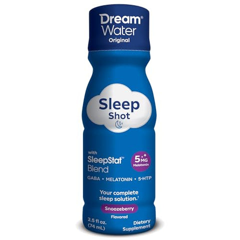 Bebida para Dormir com Melatonina 5mg, GABA, 5-HTP; Zero açúcar, Sabores Naturais, Sem corantes adicionados, 75ml shots líquidos para dormir, Snoozeberry, 24 unidades - Dream Water