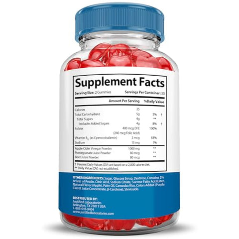Justified Laboratories - Keto Fusion ACV Gummies Avançado 1000MG Fórmula Avançada Ketofusion Keto Gummies Vinagre de Maçã Formulado com Romã e Beterraba em Pó B12 Vegano Não GMO 60 Gomas