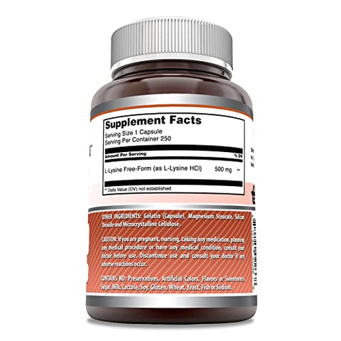 Amazing Nutrition - Suplemento de Aminoácido L-Lisina 500mg 250 Cápsulas – Amazing Formulas | Livre de Transgênicos | Sem Glúten | Fabricado nos EUA