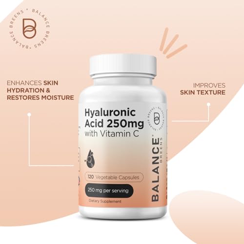 Balancebreens - Suplemento de Ácido Hialurônico Puro 250mg com Vitamina C 50mg – 120 Cápsulas Veganas – Hidratação da Pele para um Brilho Natural – Suplemento Puro de AH com Cabelos, Unhas e Ossos