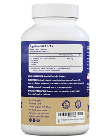 Extrato de Medula Óssea de Gado Alimentado com Capim, 3300mg. Saúde da Pele, Oral e Articular. Promove Bem-Estar Completo. Extrato Ósseo Integral, Pacote com 2, 420 Cápsulas (210g) - Zen Principle