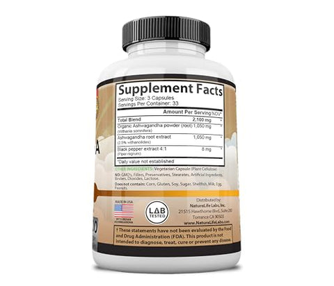 NaturaLife Labs A Higher Standard - Ashwagandha Orgânica 2.100 mg – 100 Cápsulas Veganas de Pó Puro de Ashwagandha Orgânica e Extrato de Raiz – Alívio do Estresse, Melhorador de Humor