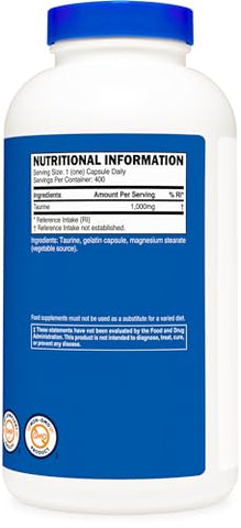 Taurina 1000mg, 400 Cápsulas – Aumente sua energia e desempenho - Nutricost