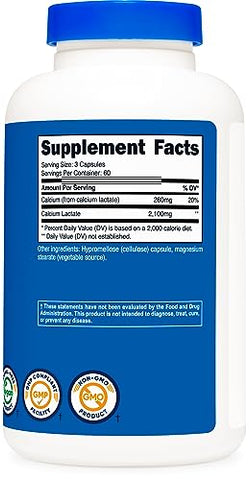 Calcium Lactate 2,100mg – 180 Cápsulas Veganas, Sem OGM e Sem Glúten – 60 Porções - Nutricost