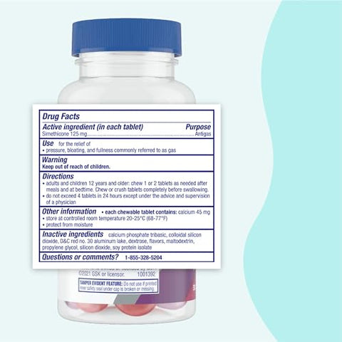 Total Relief – Comprimidos Mastigáveis com Alívio Máximo para Gases Simeticona 250 mg e Alívio para Azia Carbonato de Cálcio 750 mg, Alívio para Inchaço, Frutas Vermelhas – 65 Unidades - Gas-X