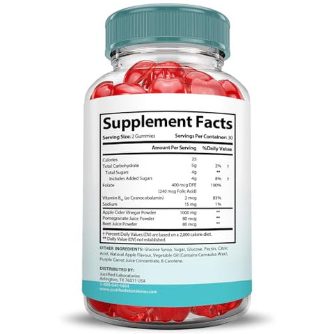 Justified Laboratories - (5 Pacotes) Gomas Keto Genesis Keto ACV Fórmula Avançada 1000MG Gomas Keto Genesis Keto Vinagre de Maçã Formulado com Suco de Romã em Pó B12 Vegano Não GMO 300g