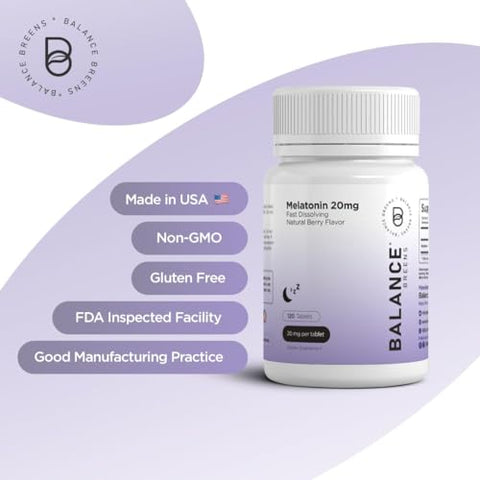 Melatonina 20mg, 100% Livre de Medicamentos, Sabor Natural de Frutas Vermelhas – 120 Comprimidos de Dissolução Rápida – Experimente Noites Serenas e Repousantes – Encontre Sua Calma, Abrace o Relaxamento - Balancebreens