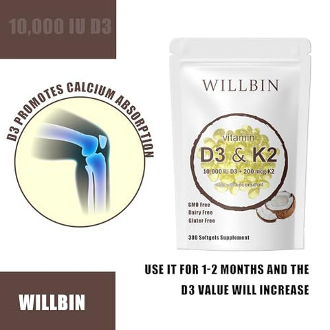 Willbin - Suplemento Softgel Vitamina D3 K2 2 em 1, 10000 UI Vit D3 200 MCG Vitamina K2, Livre de GMO, Glúten, Soja, Saúde Óssea, Suporte à Saúde Cardiovascular, Auxilia na Absorção de Cálcio