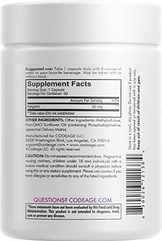 Liposomal Apigenin – Suplemento de Extrato de Camomila Flavonoide Diário, Complexo de Fosfolipídeos Lipossomais, Óleo de Girassol Não-OGM, Mistura Vegana de Fosfatidilcolina – 3 Meses de Fornecimento - Codeage