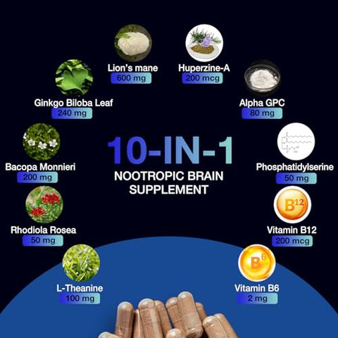 QIN SHAN TANG - Cápsulas de Suplemento de Cogumelo do Leão 10 em 1, Nootrópicos para o Cérebro e Memória