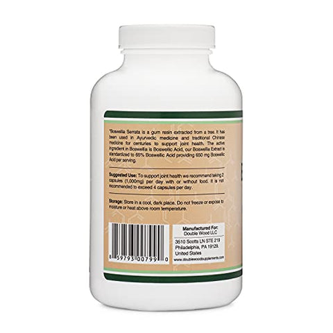 Double Wood Supplements - Boswellia Serrata – 240 Cápsulas (Máxima Potência 1.000mg de Extrato de Ácido Boswélico 65%) Cápsulas de Extrato de Boswellia (Suplemento de Suporte Articular para a Saúde das Articulações) Testado por Terceiros