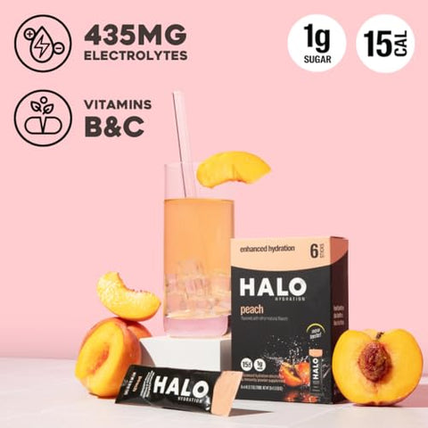 HALO Sport - Halo Hydration – Pó de Eletrólitos Sabor Pêssego – 24 Porções (5g Cada) – Bebida Orgânica Hidratante com Baixo Açúcar, Vitaminas e Minerais Essenciais – Vegano