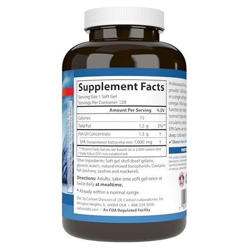 Ômega 3 EPA Elite, 1000 mg Óleo de Peixe EPA, Selvagem da Noruega, Fonte Sustentável, Auxilia na Manutenção dos Níveis Saudáveis de Triglicerídeos, 120 Cápsulas - Carlson