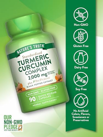 Nature's Truth - Cápsulas de Curcuma Curcumin da Nature’s Truth | 2000mg | 90 Unidades | com 95%% de Curcuminoides Padronizados e Bioperina | Suplemento Livre de OGM e Glúten