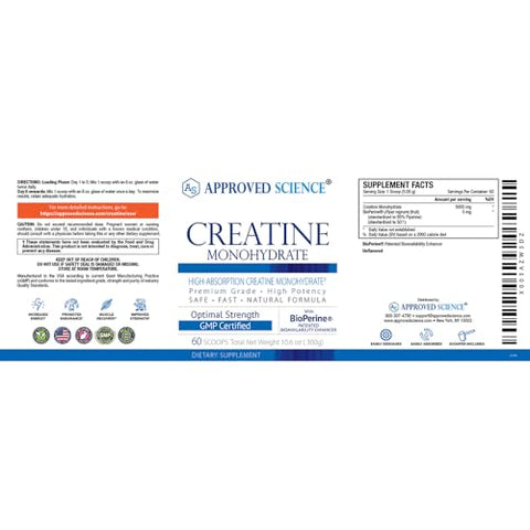 Creatina Monohidratada em Pó Approved Science com BioPerine – Suporte para Treino – 120 Porções – 5g por Porção – Sem Sabor – Pacote com 2 – Não-OGM, Vegano