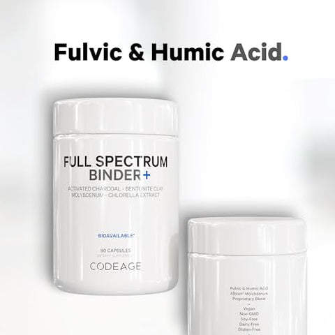 Binder Sistema de Suplemento de Ligação Sistêmica – Comprimidos de Carvão Ativado, Pó Mineral de Argila Bentonita, Fulvic – 100g - Codeage