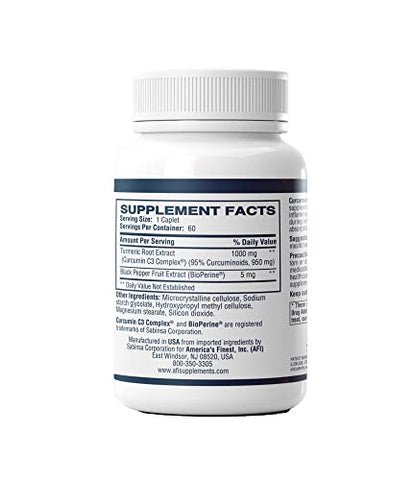 AFI AMERICA's FINEST INC - AFI Super Curcumin C3 Complex 1000mg – Cúrcuma 95%% sem oxalatos, Extrato de Pimenta Preta, Máxima Absorção para Saúde das Articulações – Vegetariano, Sem Glúten, Não-OGM